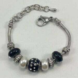 Bella Perlina Black and White Rhinestone Beaded Silver Tone Bracelet Boho